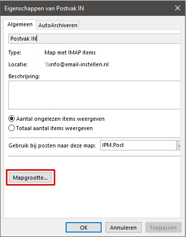 klik op button mapgrootte
