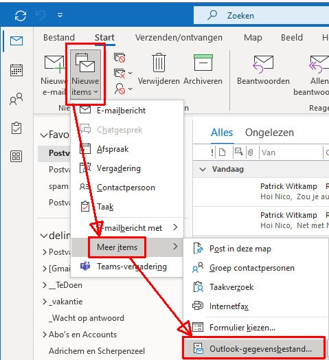 outlook gegevensbestand offline via het menu
